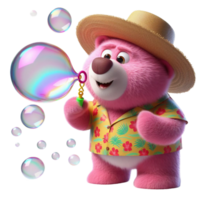 Pink teddy bear in straw hat and colorful shirt blows big soap bubbles png