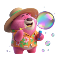 Pink teddy bear in straw hat and colorful shirt blows big soap bubbles png