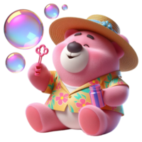 Pink teddy bear in straw hat and colorful shirt blows big soap bubbles png