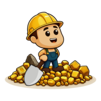 cartoon miner with shovel and pickaxe in the ground png