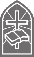Church glass window. Stained mosaic catholic and christian frame with cross and Bible book. Gothic medieval outline arch png