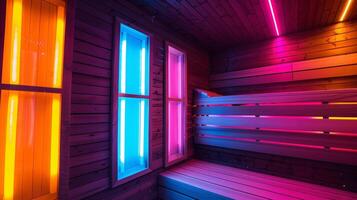 A sauna room with different temperature zones providing a variety of options for alternative medicine treatments such as hot and cold therapy. photo