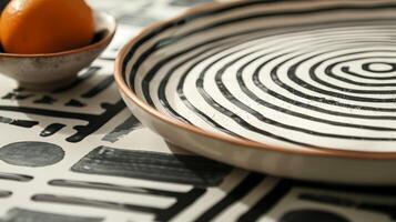 A ceramic platter adorned with a minimalist black and white pattern of inter lines. photo