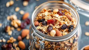 A jar of homemade granola filled with oats nuts and dried fruit perfect for snacking onthego photo