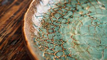 A ceramic platter with a crackled glaze finish giving a vintage and antique look to the piece. photo