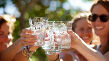 un grupo de alegre personas aumento su lentes en un brindis cada teniendo elegido un único flácido agua de Seltz a sorbo en durante el reunión foto