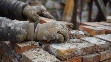 el satisfactorio sonido de ladrillos haciendo clic dentro sitio como el albañiles manos trabajo diligentemente a completar el tarea foto