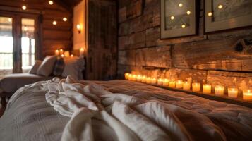 The warm glow of the votive candle wall brings a sense of comfort and coziness to the rustic bedroom. 2d flat cartoon photo