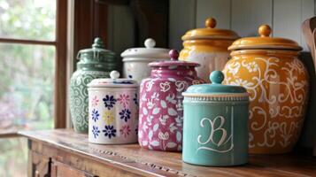 A variety of personalized kitchen canisters each one handpainted with a customers initials. photo