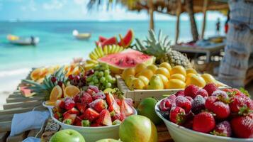 mirando para un refrescante y sano opción en el playa Mira No más lejos que esta animado Fruta bar ofrecimiento el mas fresco frutas alrededor foto