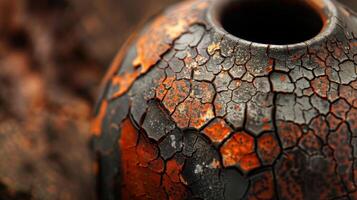 The detailed cracks and fissures on the surface of a Rakufired vase add depth and character to the piece an unpredictable result of this dramatic firing technique. photo