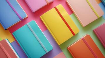 Blank mockup of a colorful set of softcover notebooks each one containing different sections for notetaking. photo