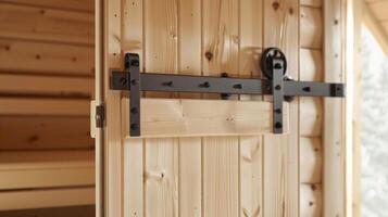 un sauna con un corredizo puerta Perfecto para esos con limitado espacio para un tradicional balanceo puerta. foto