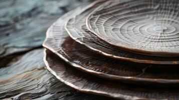 A set of ceramic plates with a unique texture resembling the bark of a tree adding an organic and rustic touch to any table setting. photo