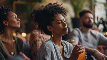 A group of young professionals gather in a cozy living room their eyes closed as they listen to a soothing voice guiding them through a mindful meditation as they enjoy beautifull photo