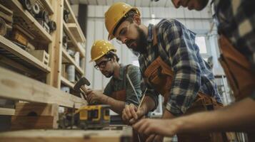 A group of friends armed with hammers and nails eagerly start building a custommade bookshelf for their shared living room space photo