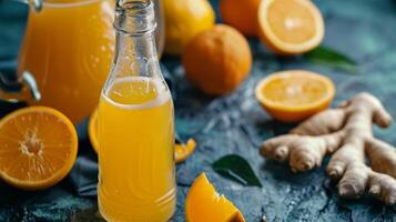 A bottle of nonalcoholic ginger beer next to a pitcher of freshly squeezed orange juice ready to be mixed into a zesty orange ginger mocktail photo