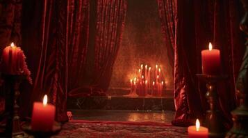 Deep red velvet curtains framing the candlelit scene adding a touch of richness and romance. 2d flat cartoon photo