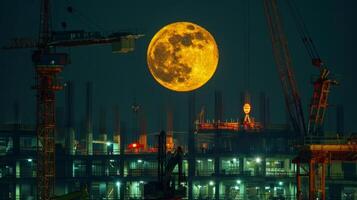 As the moon rises overhead a bustling construction site is transformed into a sea of light with cranes bulldozers and hardworking employees all in motion to create soing great photo