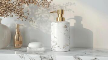 Blank mockup of a modern and chic glass soap dispenser with a marble pattern and gold accents. photo