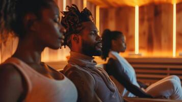 A group of individuals sitting in a sauna together each focused on their own pain management journey through infrared therapy. photo