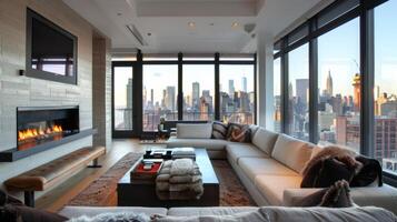 Large windows facing the fireplace allow natural light to flood the space while providing a stunning view of the city skyline. 2d flat cartoon photo