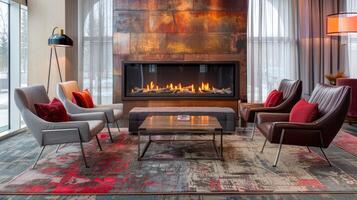 A plush area rug anchors the comfortable seating surrounding the fireplace while also adding a pop of color to the modern design of the boutique hotel lobby. 2d flat cartoon photo