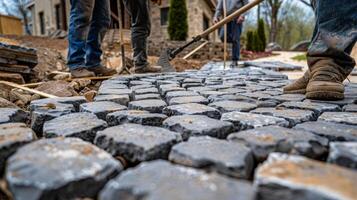 A team of skilled masons intricately laying out a pattern of cobblestone for the driveway giving the home a grand and inviting entrance photo