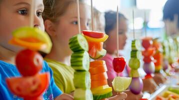 niños crear vistoso Fruta y vegetal brochetas aprendizaje acerca de equilibrado comidas y sano comida opciones foto