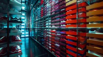 A stack of shoe boxes tower over a dressing room each one containing a different style and making it difficult to choose just one photo