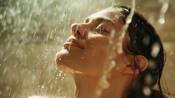 A woman standing under a cold shower with her face turned upwards and eyes closed enjoying the refreshing sensation. photo