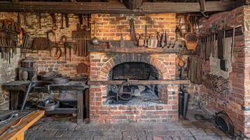 A blacksmiths shop complete with a brick forge and tools hanging on the wall showcasing the skilled labor that was essential in the Old West photo