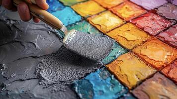 un experto artesano utilizando un paleta a expertamente untado mortero antes de colocación vibrante multicolor losas en un geométrico diseño en un cocina protector contra salpicaduras foto