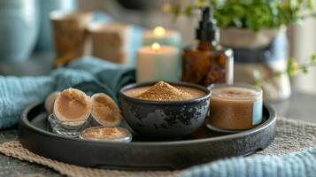 A tray of indulgent spa items such as a face mask and exfoliating sugar scrub sits within arms reach photo