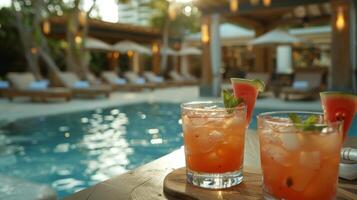 A poolside cabana serving up refreshing mocktails with unique flavor combinations like cucumber mint or watermelon basil photo