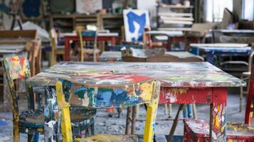 Paintsplattered tables and chairs testament to the passion and creativity that fills the workshop. 2d flat cartoon photo