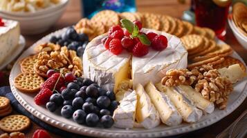 A delectable spread of artisanal cheeses such as tangy Roquefort creamy Camembert and nutty aged cheddar beautifully arranged with a mix of juicy berries crispy crackers and honeyroaste photo