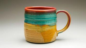 A multicolored ceramic mug made by combining two different colored clay bodies and then throwing it on a wheel. photo