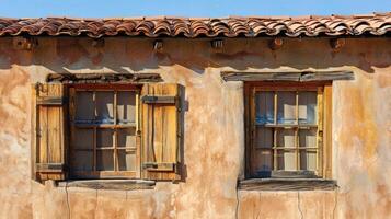 A dusty adobe building with ornate wooden shutters and a Spanish tile roof showcasing a fusion of frontier and Mexican influences photo