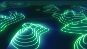 Green looped futuristic hi-tech landscape with mountains and canyons from glowing energy circles and magic lines. Abstract background. video