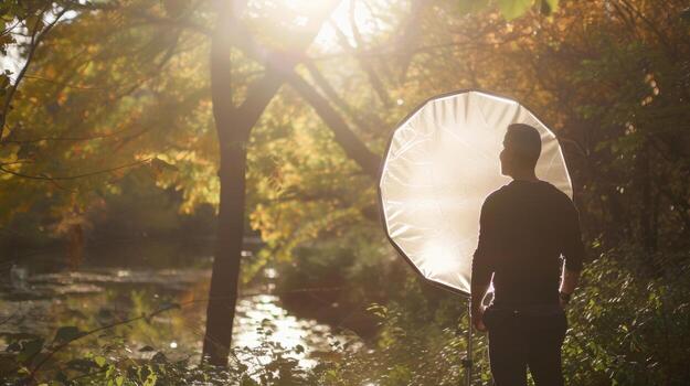 un grande plegable reflector para manipulando natural ligero y creando dinámica efectos en fotos