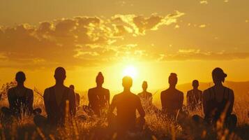 conjunto en contra un fondo de un hermosa amanecer un grupo de individuos saludar el día con un consciente de respiración ejercicio foto