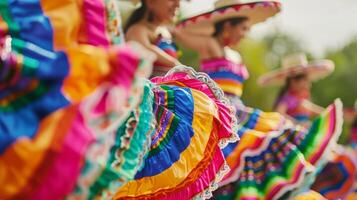 un tradicional danza actuación con bailarines girando en vibrante Faldas y vistoso sombreros exhibiendo el Rico cultural patrimonio de mexico foto