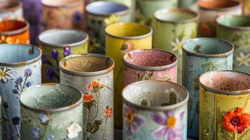 A set of candle holders created from empty tin cans coated in a layer of ceramic glaze and decorated with pressed flower imprints. photo