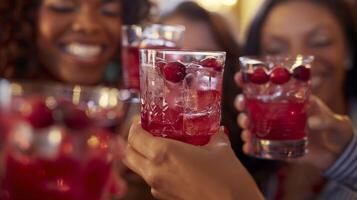 A group of friends laughing and clinking glasses of homemade cranberry lemonade photo