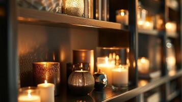 A bookshelf lined with candles of all shapes and sizes creates a calming ambiance perfect for sparking artistic inspiration. 2d flat cartoon photo