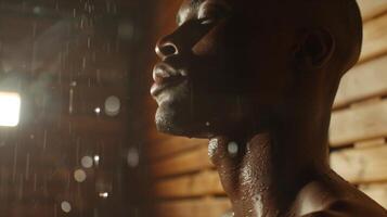 The athlete enjoys a peaceful moment in the sauna meditating and visualizing their next big win. photo