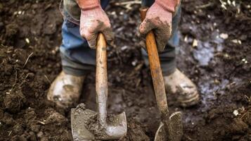 A pair of hands holding a set of tools while standing in a muddy backyard with a caption reading weather woes strike again during our DIY landscaping project photo