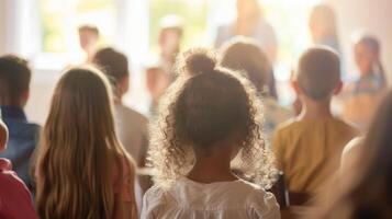 A bright and airy community center filled with people of all ages gathered to sing and create beautiful melodies together photo