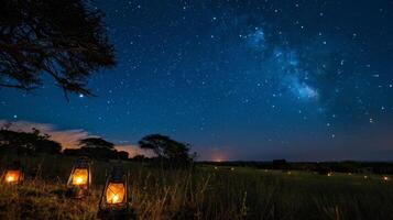 sentado un el alumbrado por velas linternas el estrellas encima parecer a le incluso más brillante en contra el oscuro noche cielo. 2d plano dibujos animados foto